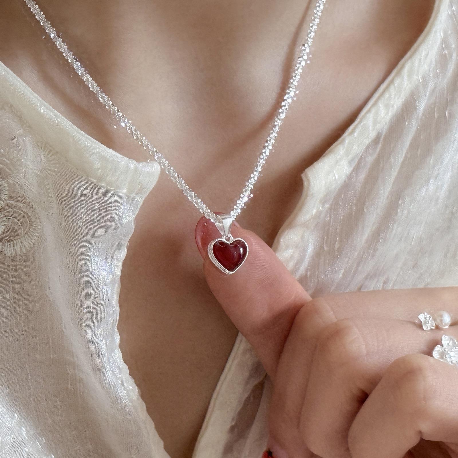 

S925 Sterling Silver Necklaces For Women Simple Chain Fashion Minimalist Pendant Red Heart Necklaces Birthday Gift