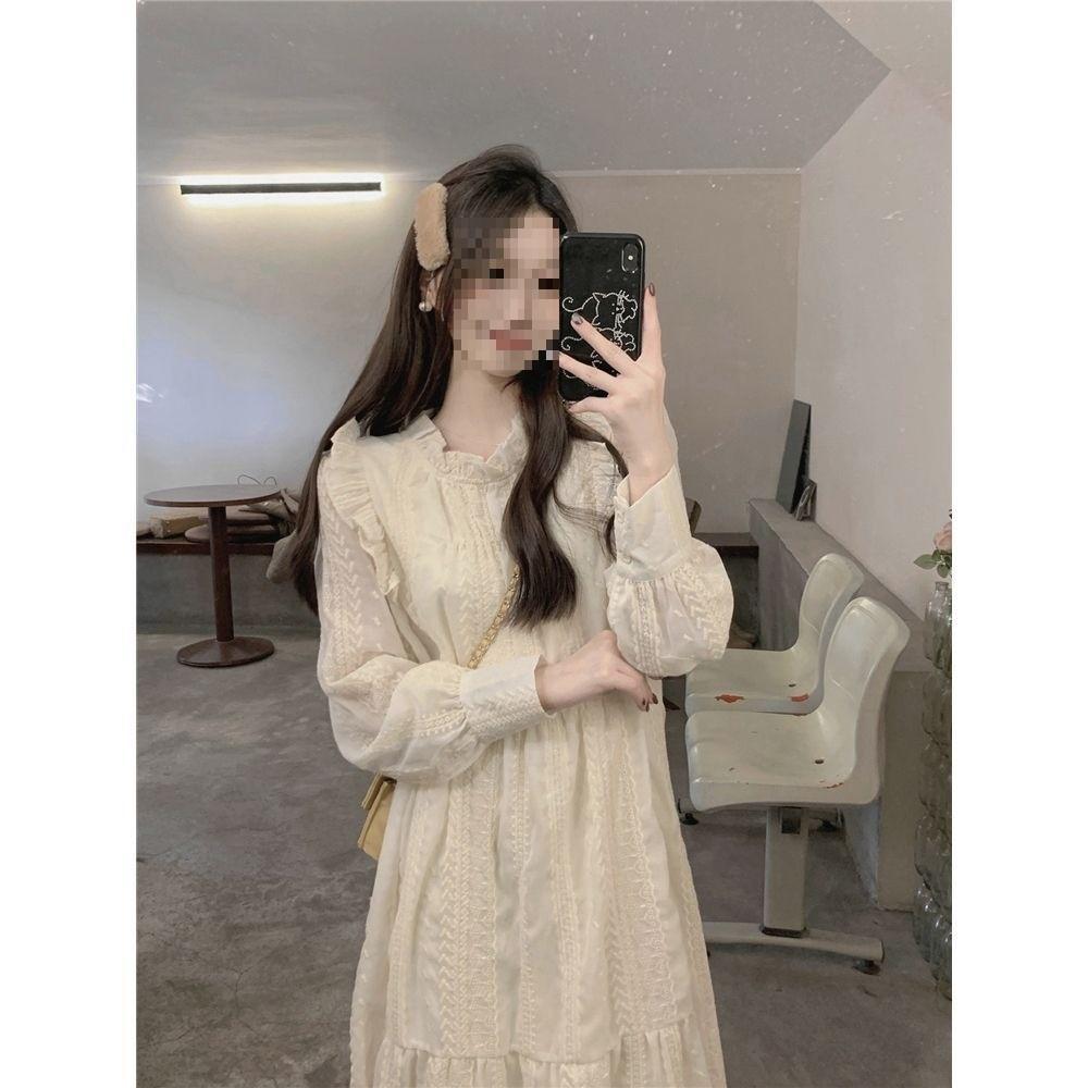 Spring Women Lace Dress With Long Sleeves And Ruffle Hem For Casual And Travel