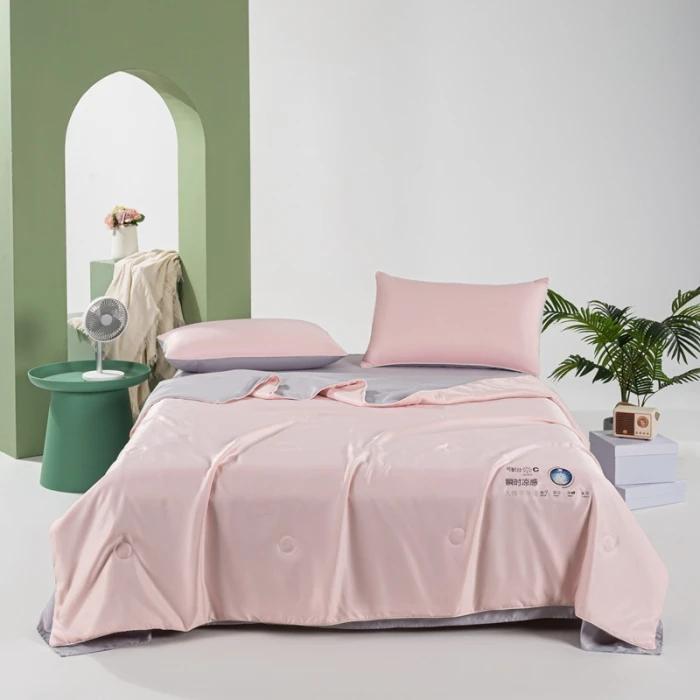 2025 new solid color heat transfer washed Tencel Xia Liang quilt double cool silk machine washable quilt 4-piece set