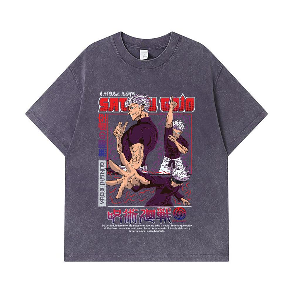 275 GSM Washed T-shirts 100% Cotton Jujutsu Kaisen V25 Gojo Print Unisex Heavy Cotton T Shirt