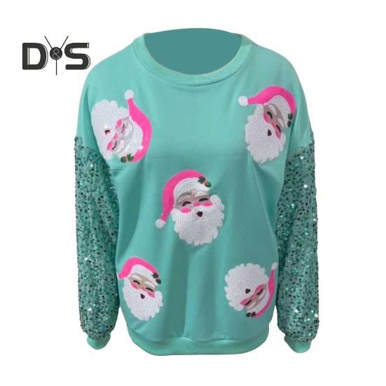 Women Christmas Sweatshirt Sequin Cartoon Pattern Round Neck Long Sleeve Loose Mid Length Pullover Party Holiday Top