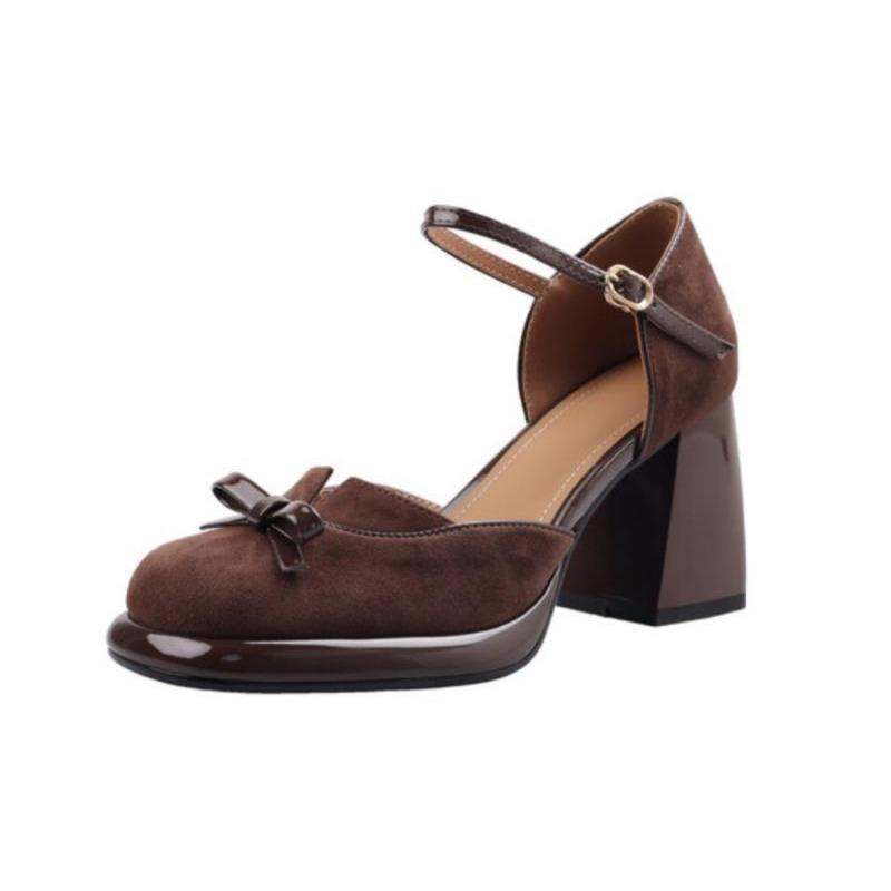 2025 new square head one-word buckle with side empty Mary Jane single shoes women's French thick high heels bag head sandals spring and summer