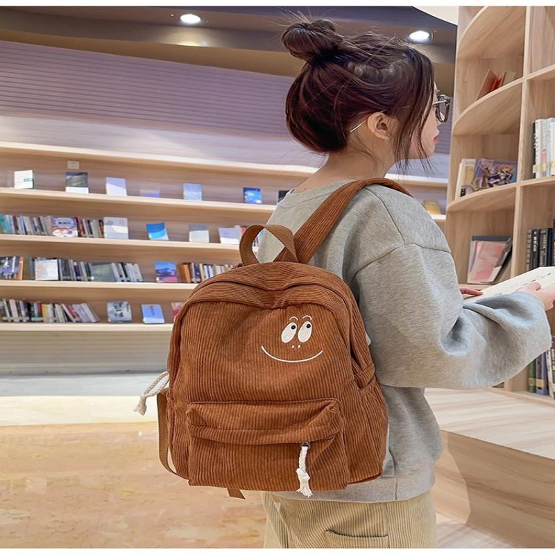 Solid Color Corduroy Backpack with Cute Anime Smiley Face Design, Large Capacity Student School Bag for Casual Use, Unisex