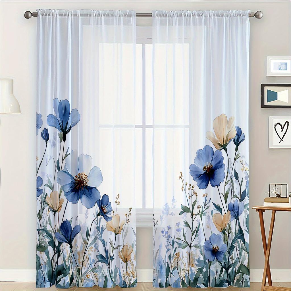 2 Pieces Hd Digital Blue Flowers Printed Window Screen Home Decor Style Decoration Living Room Window Curtain