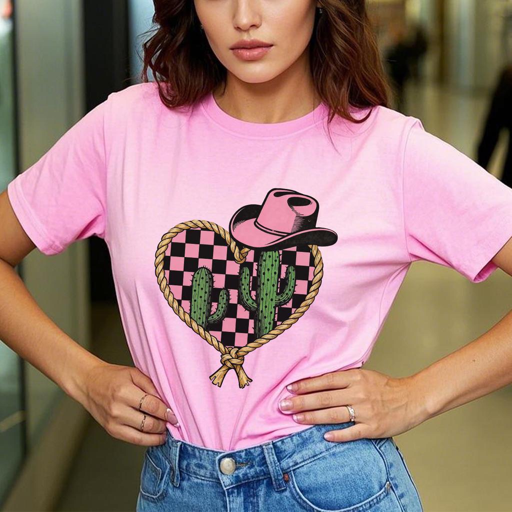 Retro Western Cowboy Hat Printed Womens Short Sleeved Tshirt Summer Round Neck Suitable for Versatile Daily Use