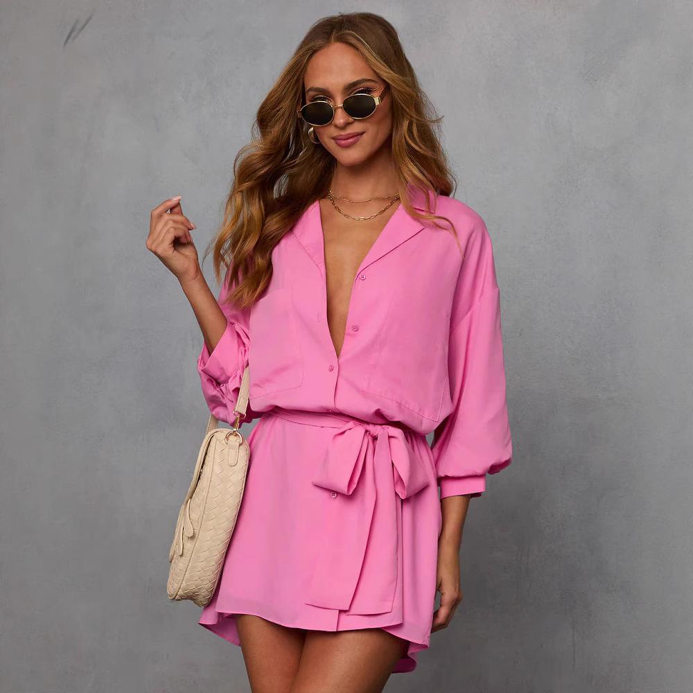 Amazon Europe and the United States autumn new fashion long-sleeved solid color strap temperament shirt dress