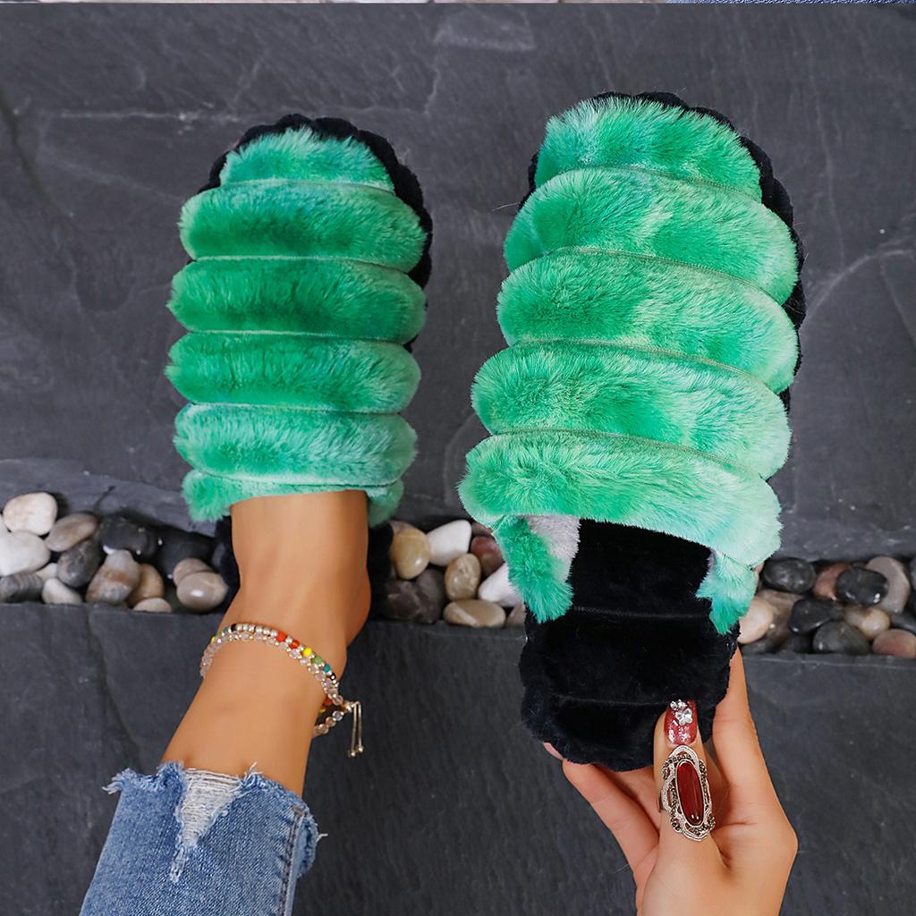 Fluffy Slippers Female 43 Big Size Home Colorful Leopard Print Bao Head Plush Home Cotton Slippers