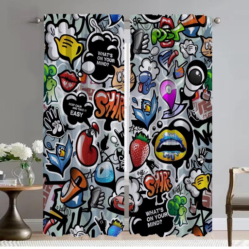 Window Curtain for Room 2 Panel Graffiti Art Tulle for Bedroom Elegant Room Curtains Shades Halloween Decoration Partition Child