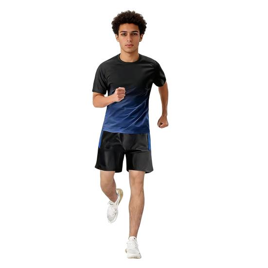

2Pcs/Set Men Summer Sportswear Crew Sleeve T-shirt Elastic Neck Short Waist Wide Leg Shorts Set Quick 3XL синій