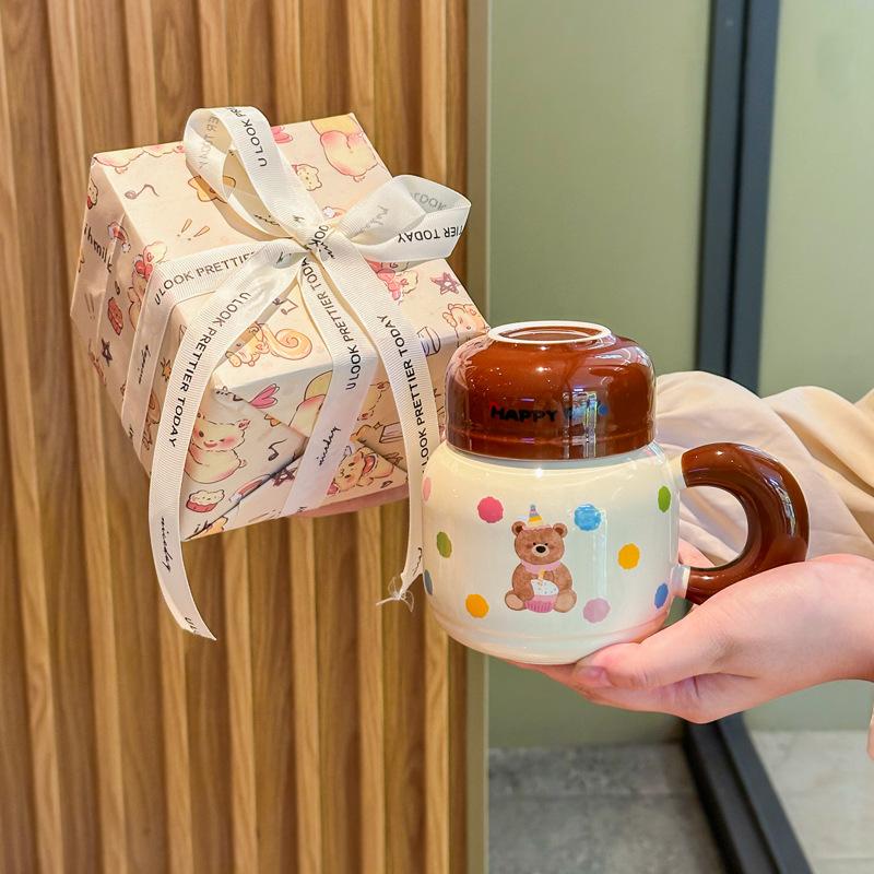 Milk fufu cute bear kettle large capacity ceramic mug with lid spoon couple coffee cup female birthday gift