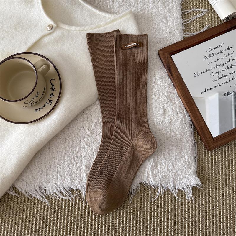 High-End Calf Socks Season Letter Label Double Needle Long Tube Stacking Socks Solid Color Versatile Fashion Trendy Socks