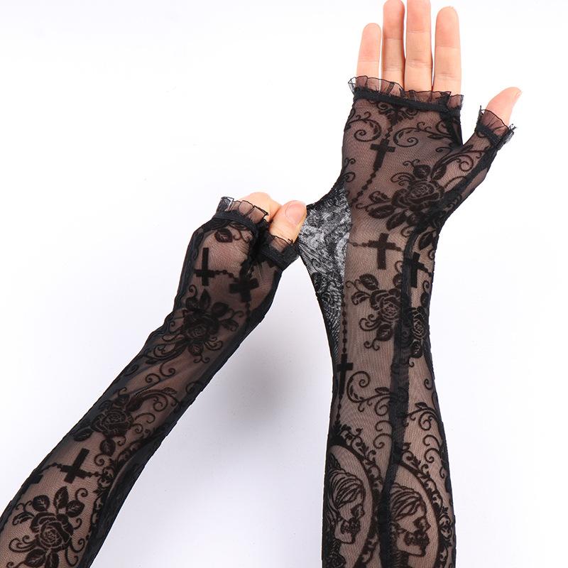 Women Summer Sunscreen Fashion Print Thin Lace Transparent Long Fingerless Gloves Sleeves Elasticity Mesh Lolita Punk Cosplay