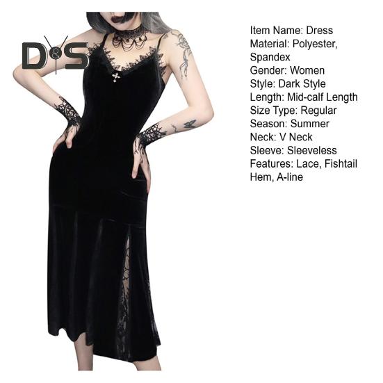 Vestito da cosplay di Halloween da donna, scollo a V, in pizzo, con spalline sottili, orlo a coda di pesce, stile scuro, gotico medievale, vintage, senza maniche, spettacolo teatrale