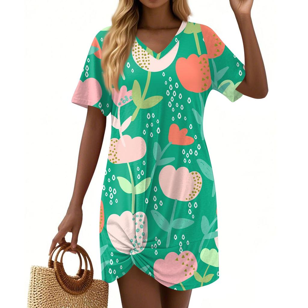 Women's Summer Casual Floral Printed Hem Knotted Short Sleeve Dresses
