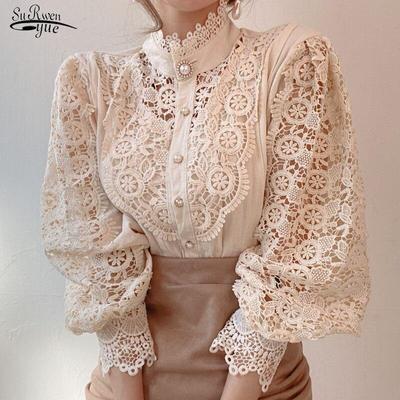 Frauen Spitze Blusen Blütenblatt Hülse Frauen Bluse Chic Taste Aushöhlen Blume Spitze Patchwork Weißes Hemd Top Weibliche Kleidung