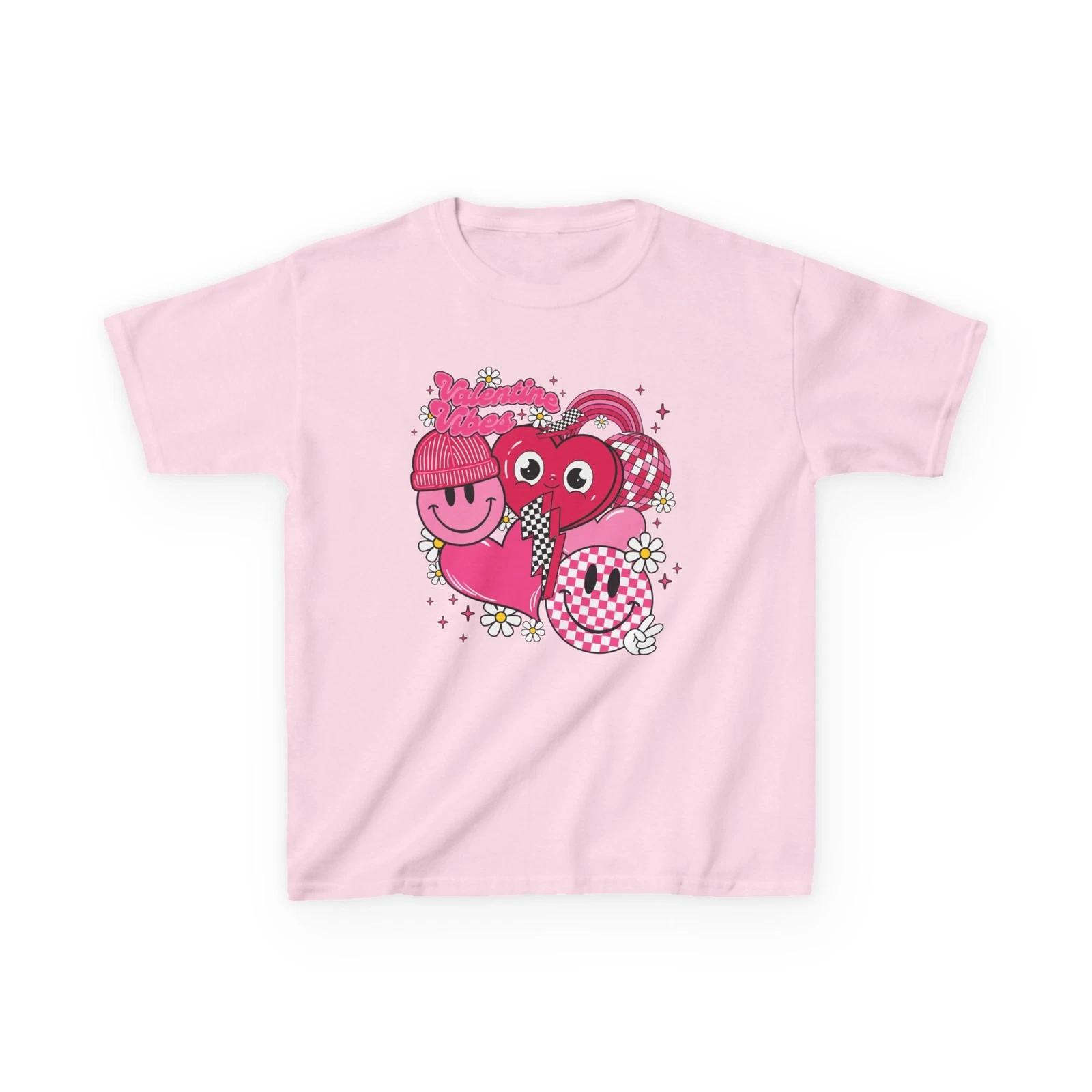 Kids Valentine Vibes Tee Cute Smile Face Heart Retro Aesthetic Pink Kids T-Shirt XL