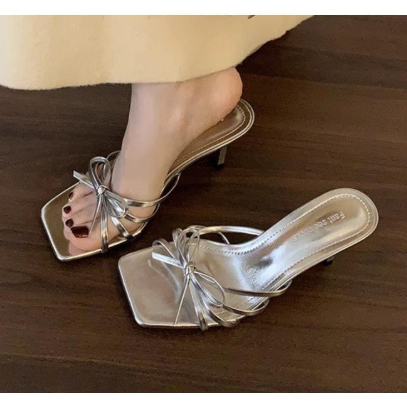 Fashion New Style Popular Comfortable Low Heels Square Head Sandals Sweet Bow Silk Thick Heel Slippers for Ladies Outwear Blue Slides