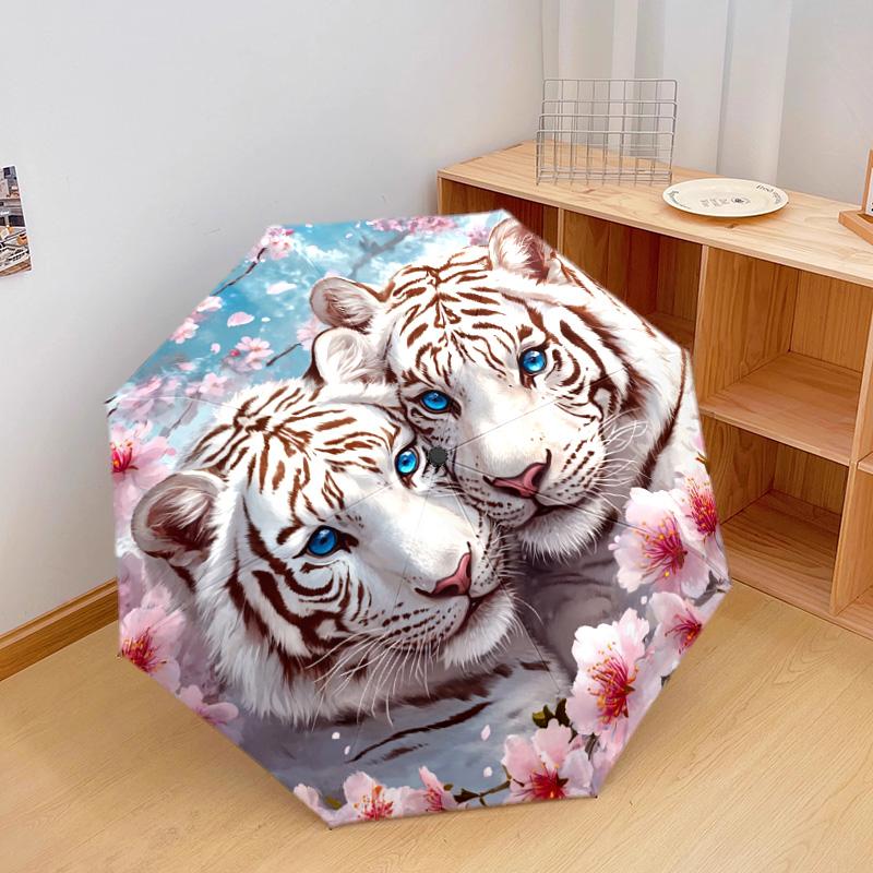 1 PC Automatic Folding Umbrella - White Tiger Pattern, Portable & Foldable Design with 8 Ribs, Christmas Birthday Gifts