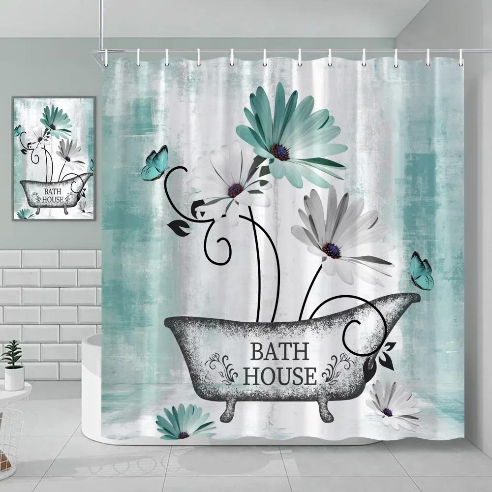 Watercolor Floral Shower Curtain Wooden Butterfly Daisy Rustic Blue Flower Farmhouse Wooden Vintage Farm Bathroom Decoration