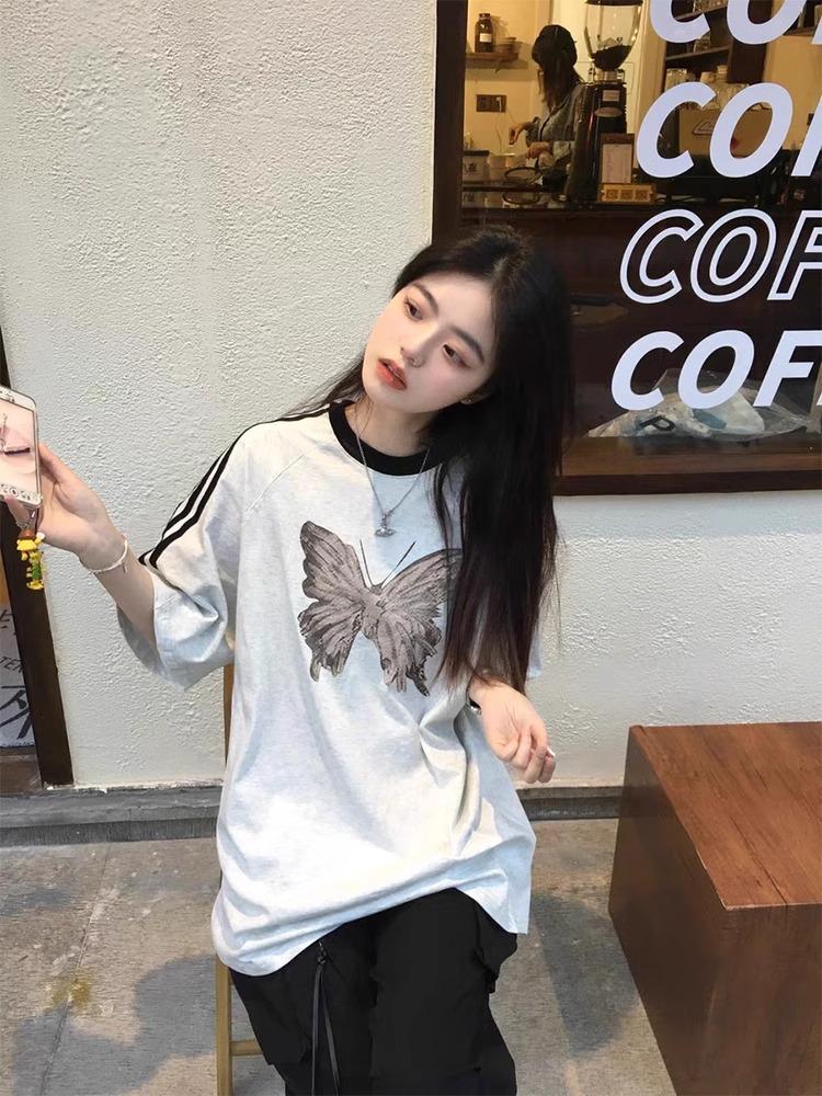Gray Butterfly Print Women's Cotton Loose Half Sleeve Summer T-Shirt 2025