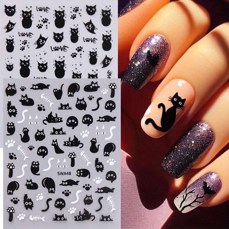 1Pc Black Cat Nail Art Stickers, Halloween Cartoon Animal Self-Adhesive Decals, DIY Nail Salon Art Decorations Animal Print