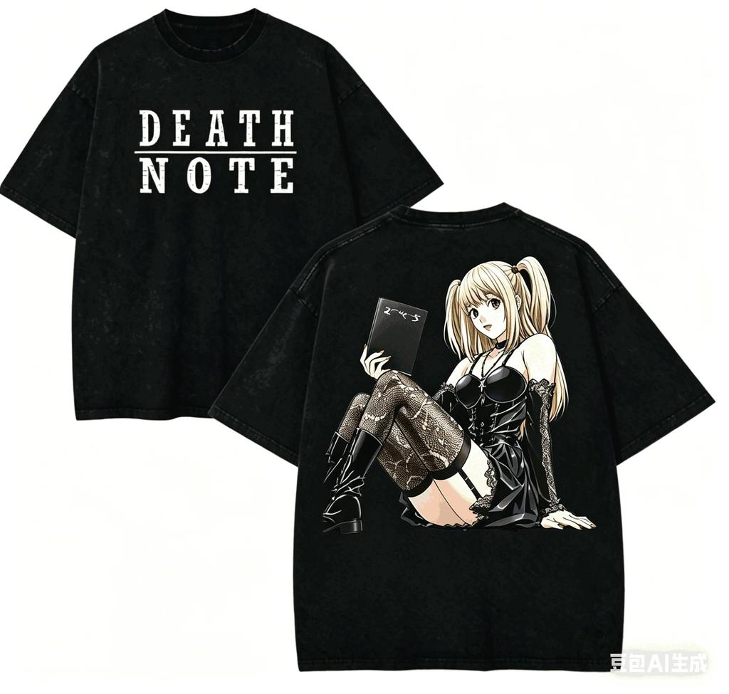 Stylish Washed Black Oversized T-Shirt with Death Note Character Group and Logo Print Women And Men T-shirts
