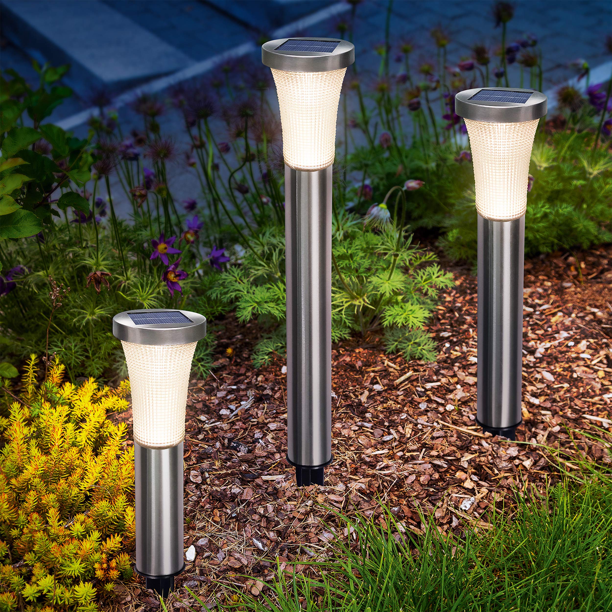 

GWSOLAR Stainless Steel Pole Solar Lights [3 HeightsSet of 3] Warm White LED, Stylish and Modern Light Light Sensor Automatically OnOff at Night