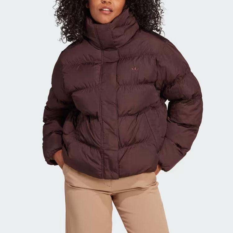 Adidas Originals Short Vegan Puffer Jacket With Solid Color Logo And Stand-Up Collar Women Outerwear Shadow-Brown IJ8235