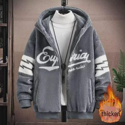 Herren-Lammfelljacke für jugendliche Studenten, Herbst-/Winterstil, warmes Samtfutter, Kapuzenpullover im Farbblockdesign.
