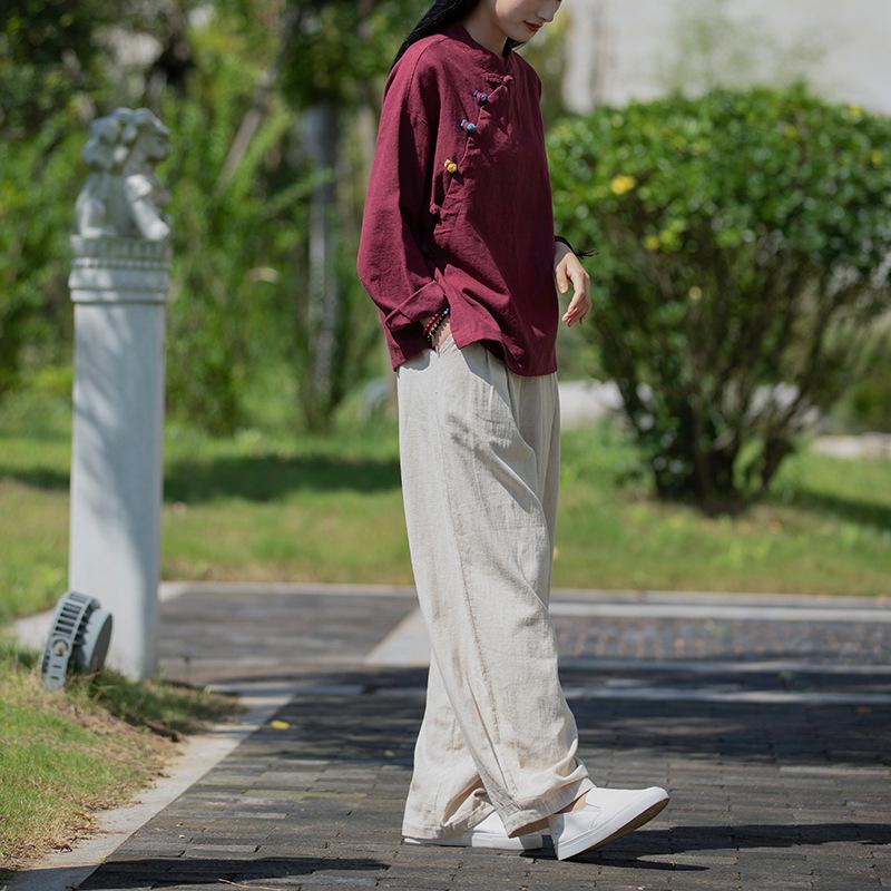 Artistic Retro Chinese Style Women's Ramie Frog Button Long Sleeve Shirt for Spring and Autumn Tea Ceremonies