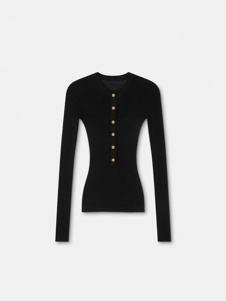 2026 Autumn Black Slim Ribbed Round Neck Half-Button Waist-Cinched Knit Cardigan