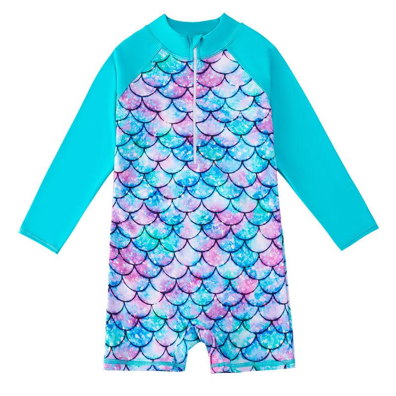 Long Sleeve Mermaid One-Piece Girls' Swimsuit with Sun Protection