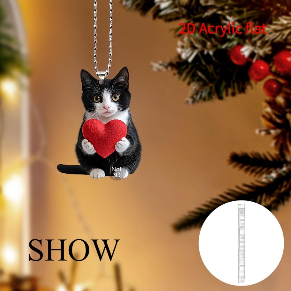 2D flacher Autoanhänger Auto hängende Dekoration bezaubernde Acryl Liebeskatze Weihnachtsbaumschmuck-2D schwarz und weiß, perfektes Feiertagsdekorationsgeschenk