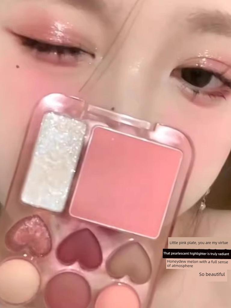New Heart-Shaped Eyeshadow Palette with Matte Blush and Highlighter All-In-One, Korean Style, Caramel Pink Brown Earth Tones, Affordable for Women