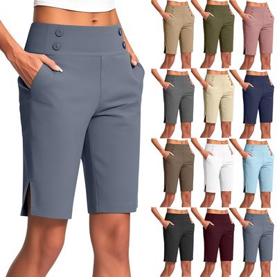 Calças Cropped Femininas, Calças de Treino Yoga Elásticas até o Joelho, Cintura Elástica Casual com Bolsos, Calças de Corrida
