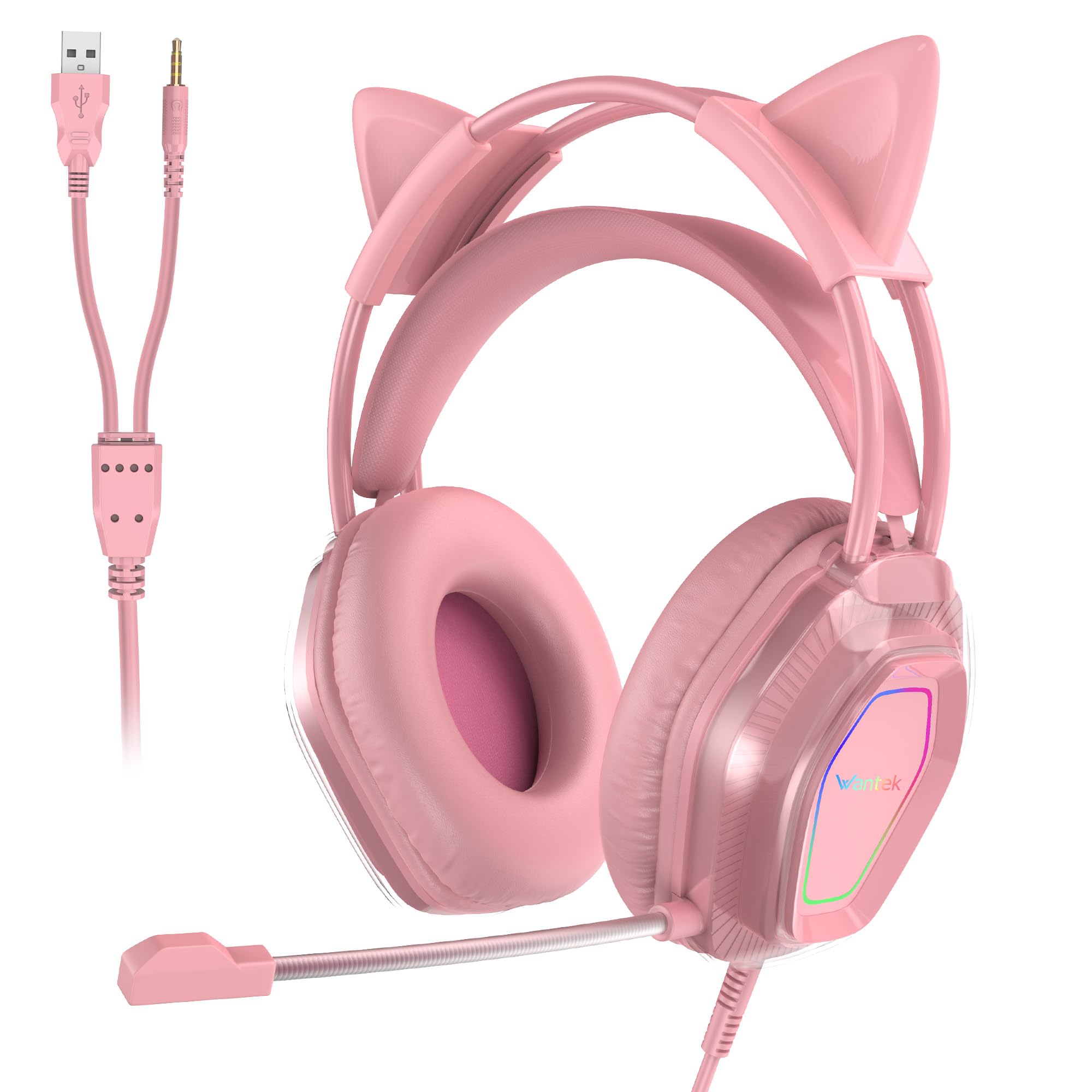 

Wantek V10 Gaming Headset Cat Ear Headphones Headset Wired Gaming PS5 with Microphone USB Gaming Headphones Gaming Headset Analog 50mm Driver