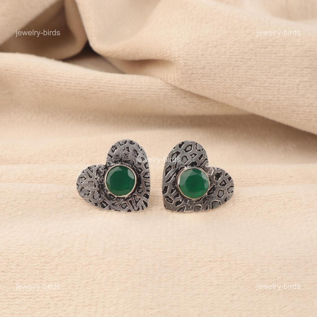 Brincos Stud Redondos de Ônix Verde Natural Prata 925 Presente de Aniversário Joia Art Déco EE-143-10
