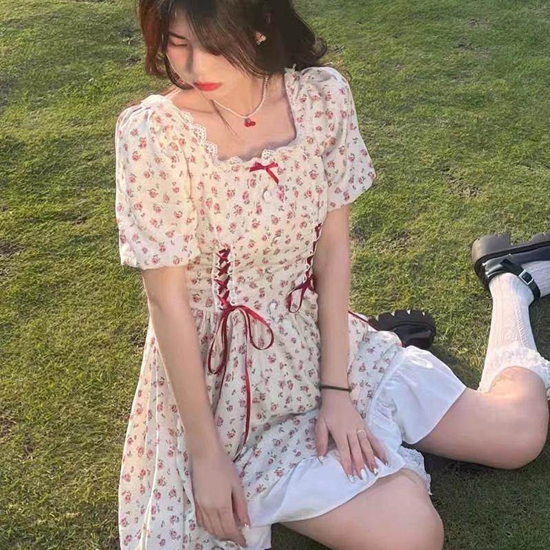 Floral Mini Dress Women Puff Sleeve Flare Shirring Design French Style Elegant Birthday Dresses