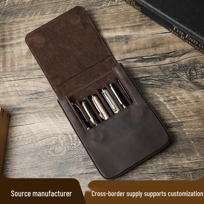 Crazy Horse Leather Handmade 6-Pen Magnetic Drawer-Style Fountain Pen Case
