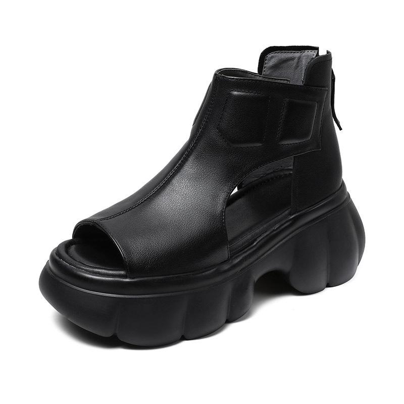 2025 spring and summer new first-layer soft leather muffin thick-soled cool boots high-heeled retro casual versatile thick-heeled fish-mouth sandals