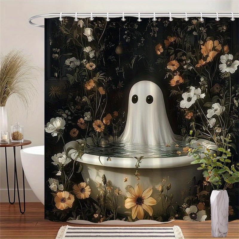 Whimsical Fantasy Shower Curtain - Surreal Ghost Floral Garden Tub Design With Lush Dark Green Background W60H190(CM)-1 Pcs