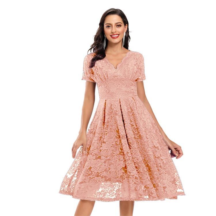 Bright Deer Women's Lace Cocktail Dress V Neck Short Sleeve Fitted Waist Midi Prom Bridesmaid Wedding Guest Party Evening Occasion Outfit