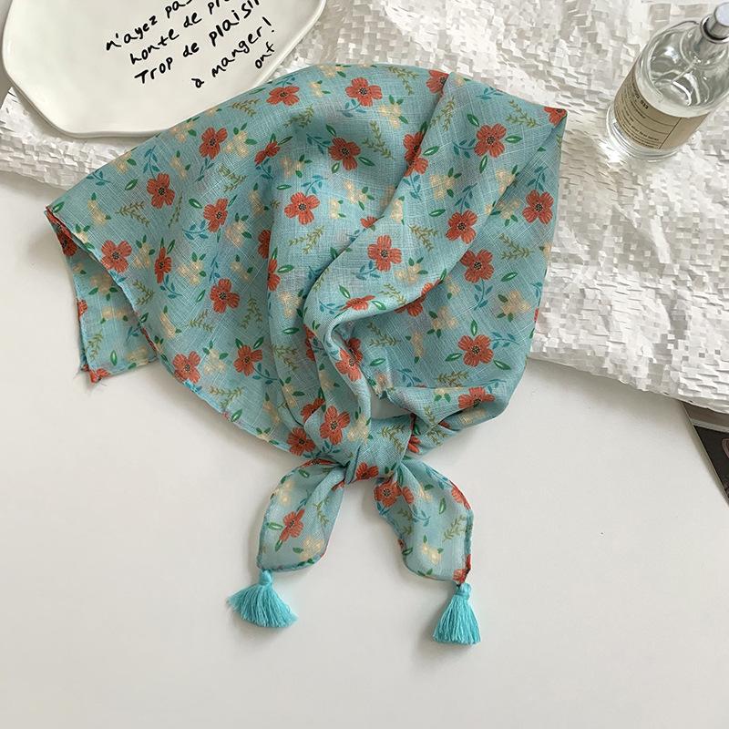 Women's silk scarf square scarf high-end neck protection scarf small fresh decorative floral headscarf hair band fringed hair accessories