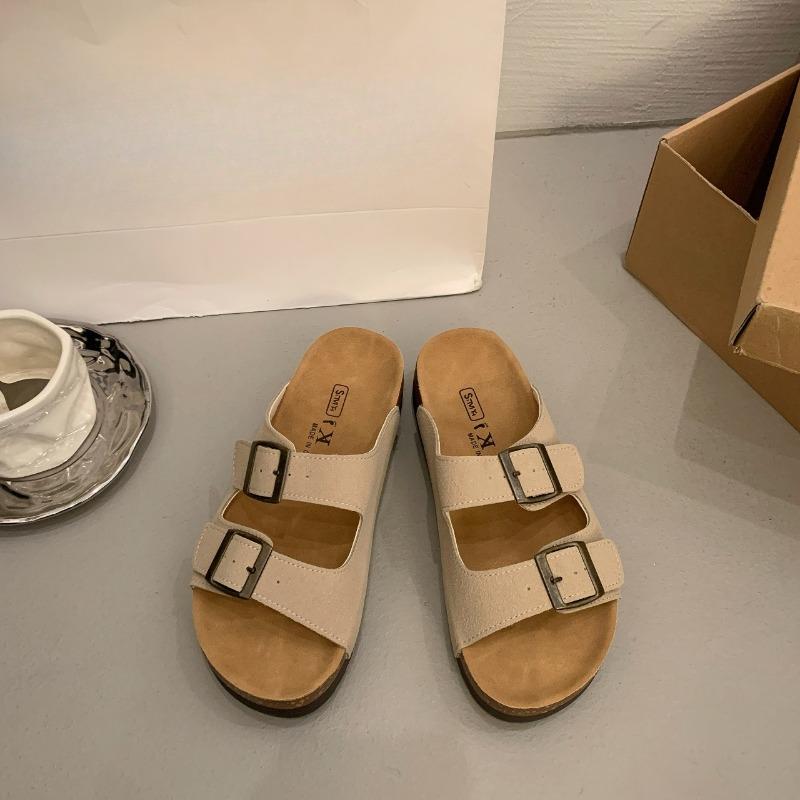 New Retro One-line Casual Beach Shoes for Women with Thick Soles and Soft Leather Slippers