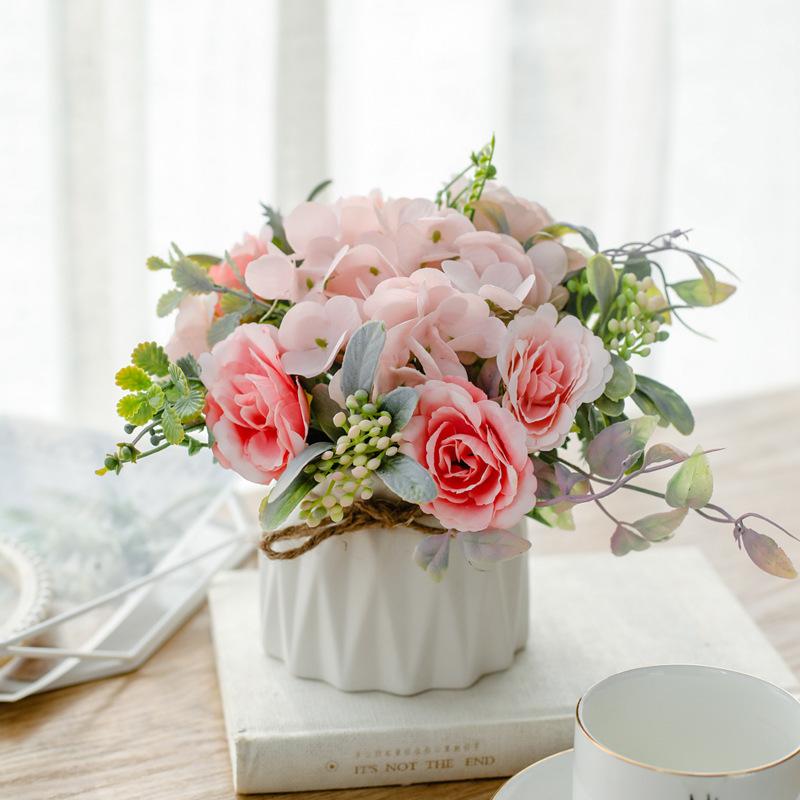 Artificial Flowers with Small Ceramic Vase Faux Roses Plants Eucalyptus Leaves Berries Flower Arrangements Decorations for Home
