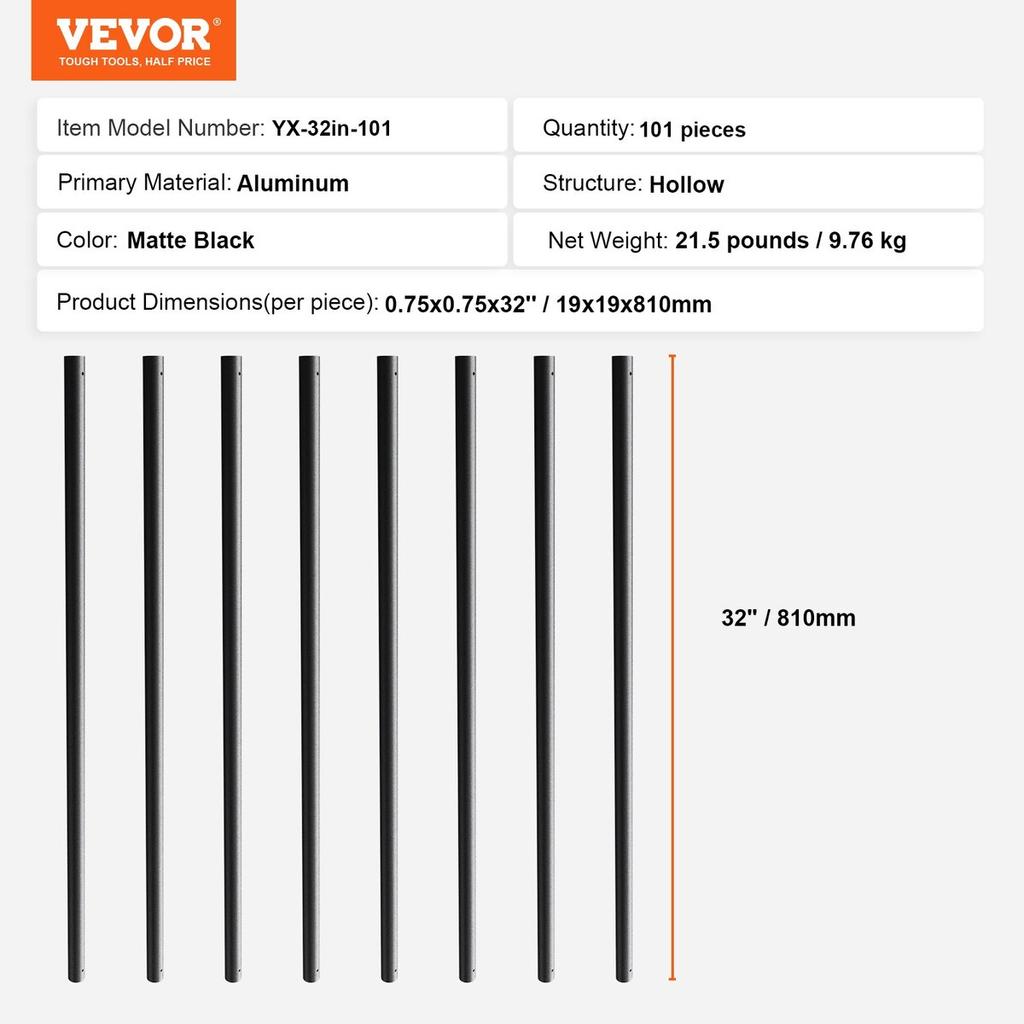 Staircase Metal Balusters, 3/4'' Round x 32'' Long Aluminum Decorative Banister Spindles, 101 Pack Deck Baluster with Screws, Classic Hollow Deck