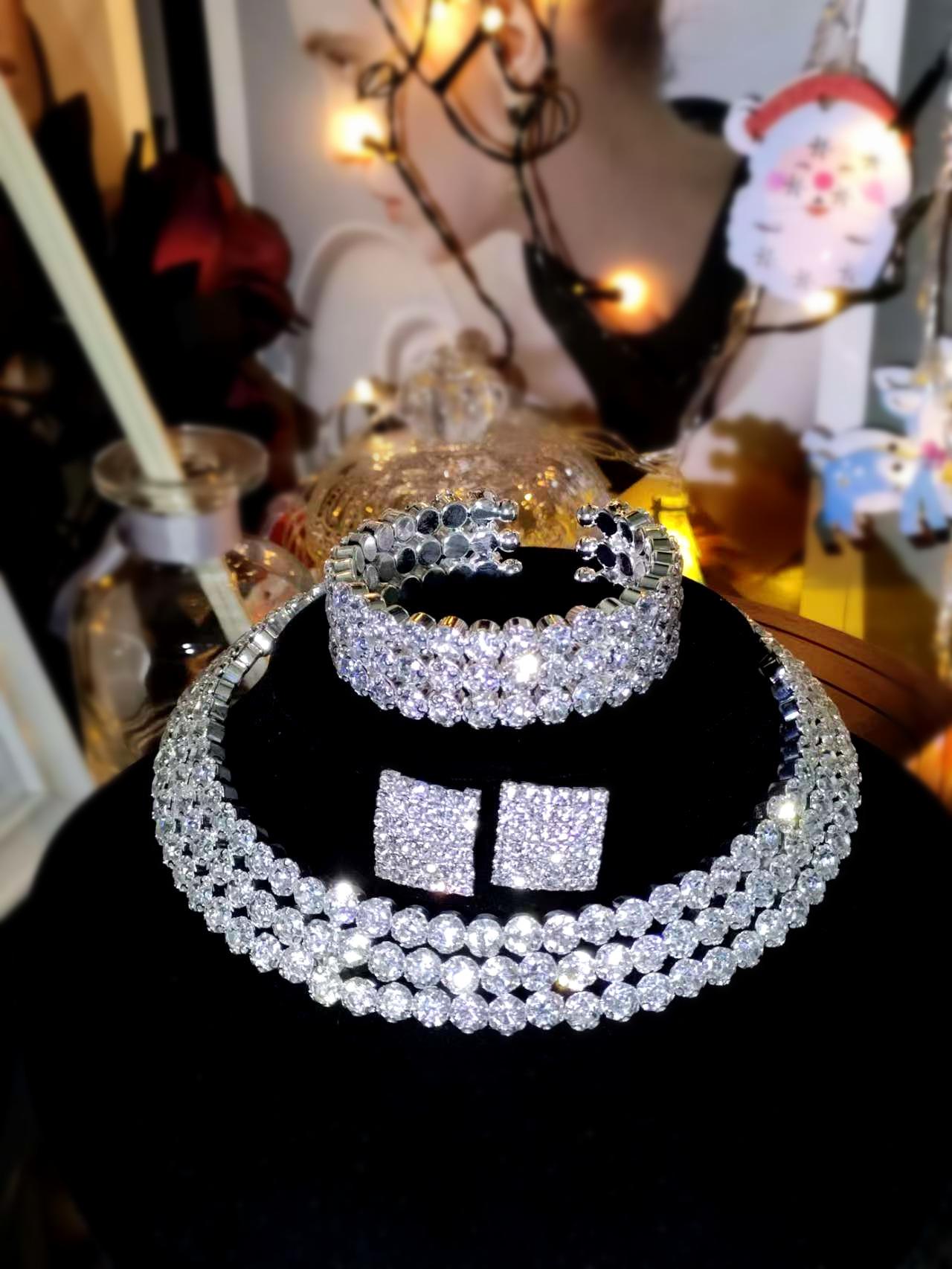 

Crystal Choker Necklace & Earring Set with Rhinestone Bangle