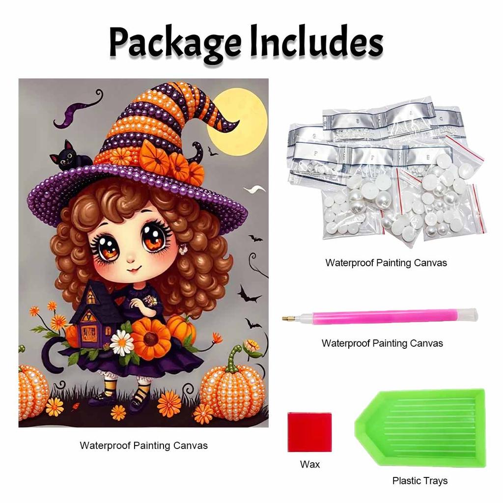 Pearl Painting DIY Kit Frameless Halloween Witch Pumpkin Pattern Shiny Bead Art Canvas Creative Wall Decor Gift Craft Home Artworks