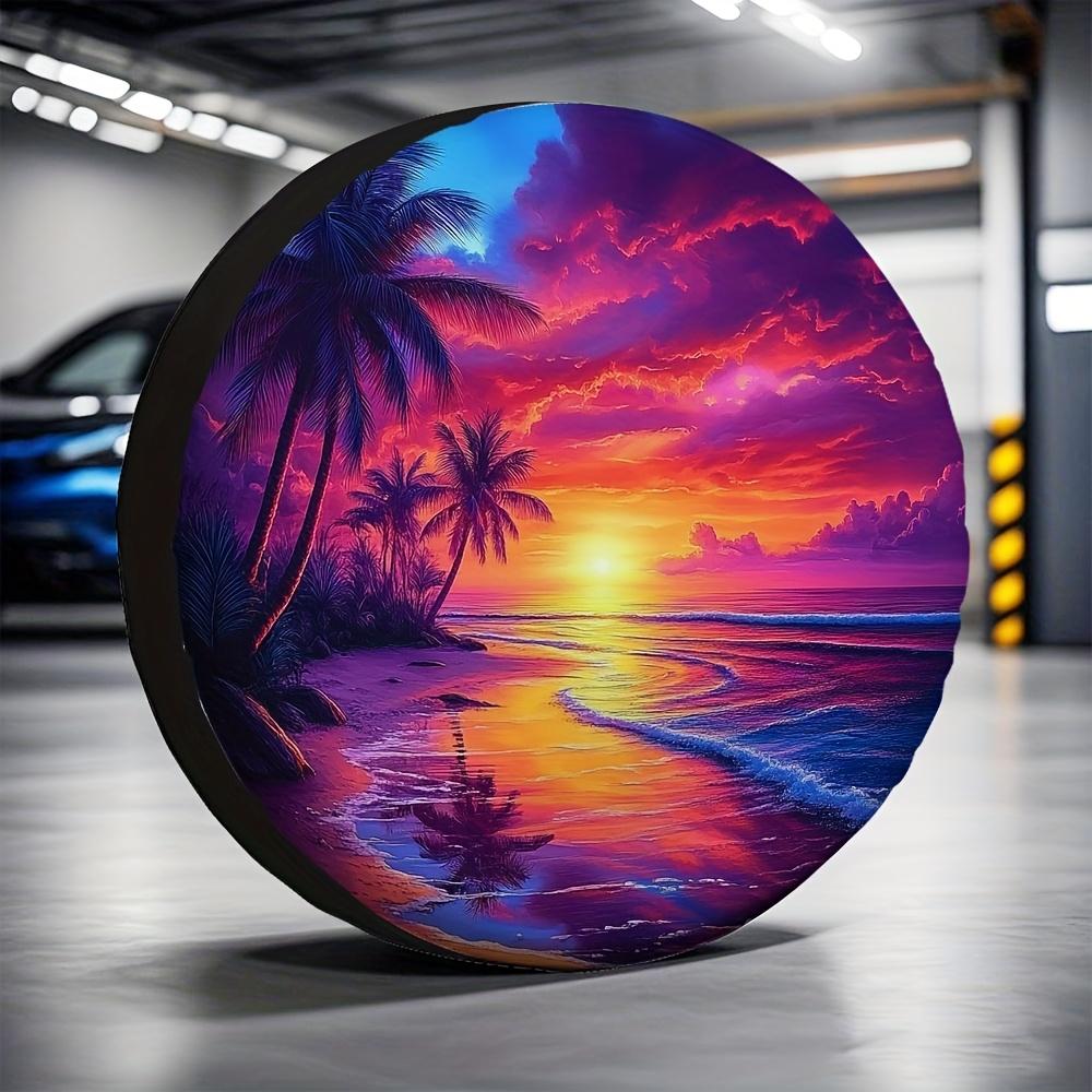 1pc Tropical Beach Sunset Tire Cover - Vibrant Palm Tree & Ocean Scene, Durable Polyester, Perfect For Truck & Trailer, Outdoor
