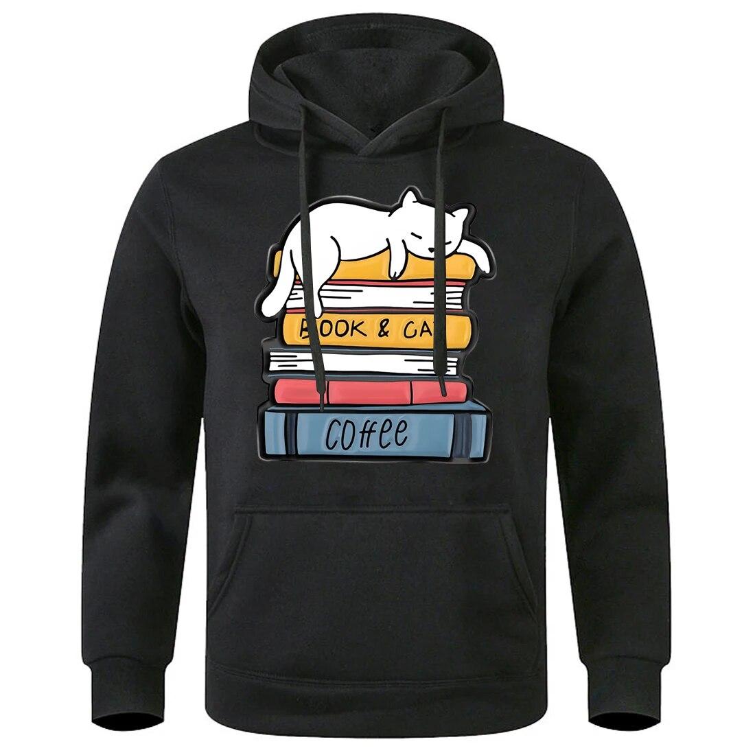

White Cat Sleeping On A Pile Of Books Unisex Streetwear Novelty Fashion Hoodies Unisex Comfortable Fleece Hooded Creative Street Tops